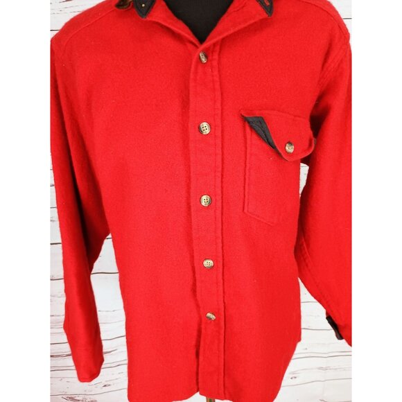 Vintage Woolrich Mens M Red Wool Leather Look Collar Elbow Patches Shirt Hunting - Picture 4 of 7